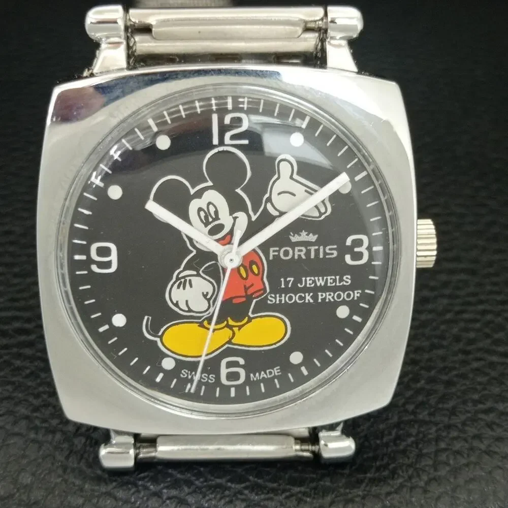 Vintage 1970 Disney Fortis Manual Mens Silver Watch W/Metal Strap & Mickey